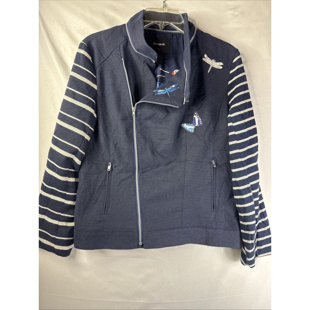 Desigual Women's Moto Jacket 40 Blue Asym‎ Zip Striped Sleeves Embroidery